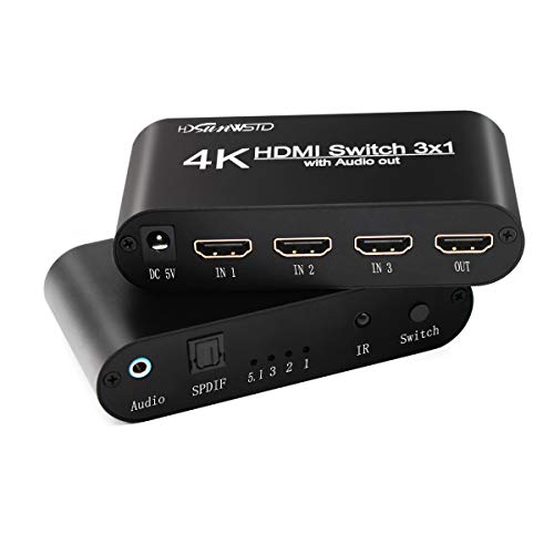 3x1 HDMI Audio Switch,3 in 1 Out Matrix HDMI Video Switcher Splitter +Optical & 3.5mm Audio Output,Support Ultra HD 4K x 2K,3D 1080P,Audio Extractor with Power Adapter