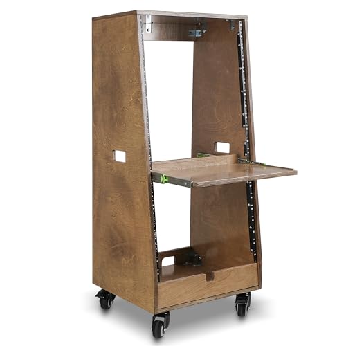 Sound Town DIY Slanted 20U Studio Rack (12U Top + 8U Lower), with 2U Bottom Storage, Slide-Out Tray, Caster, Plywood, Weathered Brown for Recording Room, Home Studio (SDRK-ST20TB) - size: 20U(12U Top + 8U Lower),Weathered Brown