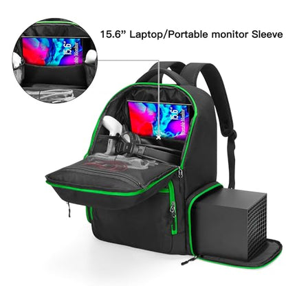 Trunab Backpack Compatible with Xbox Series X/S, Carry Case with Divider | Game Storage Bag Fits 15.6" Laptop, Controller & Cables, Padded Pockets for Gaming Accessories - color: Green Zip