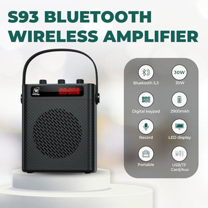 30W Wireless Voice Amplifier with Headset Microphone | Portable Bluetooth 5.3 PA System for Teachers, Personal Rechargeable Megaphone with Speaker for Teaching & Speaking S93