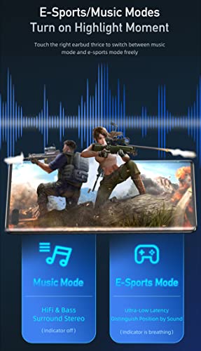 Gaming Earbuds with Microphone in Ear Gaming Headphones Wireless Bluetooth 5.3 Waterproof Ear Buds Long Battery Life Dual Mode Low Latency HIFI Stereo Sound Headset for Gamer iOS Android Running