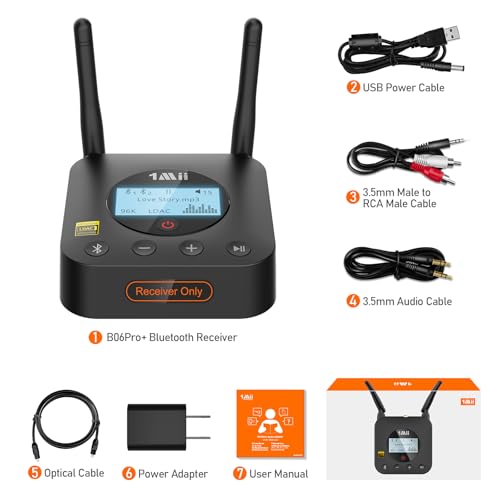 1Mii B06Pro+ Hi-Fi Bluetooth 5.3 Audio Receiver, LDAC Hi-Res Wireless Audio Adapter for Home Stereo w/aptX HD Low Latency, LCD Display, Long Range, Volume Control, 3.5mm AUX Optical Coaxial - color: B06Pro+ Black