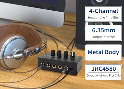 HA400 Headphone Amplifier 4 Channel Metal Stereo Audio Amplifier | Mini Earphone Audio Amplifier, 12V 1A Power Adapter, 1/4" TRS Headphones Output, TRS Audio Input, PC Guitar Studio Stage