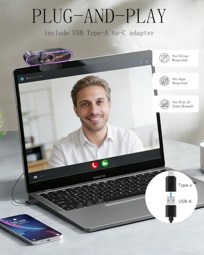 4K Webcam for DELL UltraSharp 49 Curved USB-C Hub Monitor-U4924DW,with Microphone& Privacy Cover & Plug&Play,Works Zoom/Teams/Skype/Google Meet