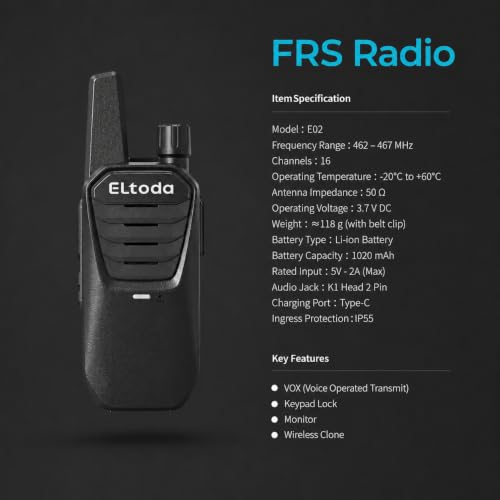 E02 Portable Walkie Talkies Long Range Rechargeable Two Way Radio | FRS, 16 Channels, USB-C Charging, 1020mAh, IP55, Vox, Keylock, Lightweight, Compact, Adults, Woring, Hiking, Camping