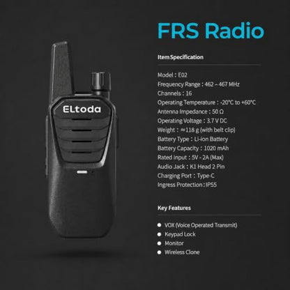 E02 Portable Walkie Talkies Long Range Rechargeable Two Way Radio | FRS, 16 Channels, USB-C Charging, 1020mAh, IP55, Vox, Keylock, Lightweight, Compact, Adults, Woring, Hiking, Camping