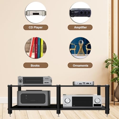 2-Tier AV Media Stand with Speaker Spikes for Home Theater | 2-Tier Audio Cabinet, Black, Open Shelving, Speaker Spikes Reduce Vibration, CD/Receiver/Turntable, Home Theater, Office