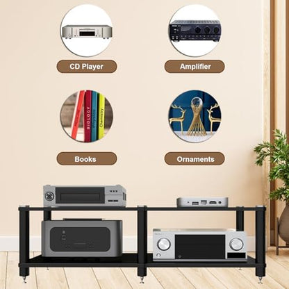 2-Tier AV Media Stand with Speaker Spikes for Home Theater | 2-Tier Audio Cabinet, Black, Open Shelving, Speaker Spikes Reduce Vibration, CD/Receiver/Turntable, Home Theater, Office