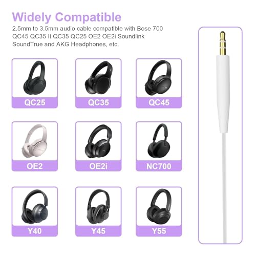 Replacement Audio Cable Compatible with Bose 700 QuietComfort Ultra QC45 QC35II QC35 QC25 NC 700 Soundlink Soundtrue Noise Cancelling Headphones (White) - color: White