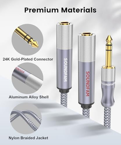 Microphone Splitter 2 Feet/60CM TRS 1/4 inch Splitter 1 Male to 2 Female, 6.35mm Stereo Male Plug to Dual 6.35mm Female-Grey(2PACK) - size: 2ft/60CM-2PACK, style: 1/4" Splitter 1 Male to 2 Female