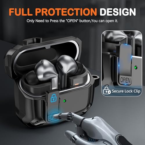 Safety Lock Case for Samsung Galaxy Buds3 FE/Pro/3 (Black) | with Cleaning Kit & Keychain,Mecha Protective Case - color: A-A-A-A-Black