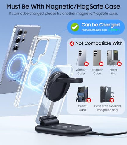 Meifigno 3 in 1 Foldable Wireless Charging Station for Samsung, Magnetic Charger Stand with On/Off Night Light for Galaxy S26/S25/Z Fold 7/Z Flip 7, Watch Charger for Galaxy Watch Ultra 8, for Buds