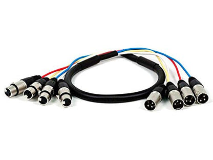 Monoprice 4-Channel XLR Male to XLR Female Snake Cable Cord - 3 Feet- Black/Silver with Metal Connector Housings Plastic and Rubber Cable Boots - size: 3 Feet