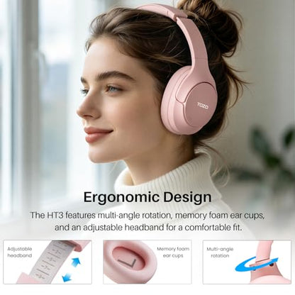 TOZO HT3 Hybrid Noise Cancelling Headphones, 90H Battery Life Wireless Over Ear Bluetooth 6.0 Foldable Headset, AI Voice Assistant with 5 Mics, Connect 2 Devices and Hi-Res Sound, 32 EQ Audio Presets - color: Titanium Pink