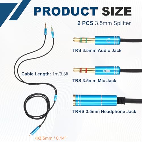 MECCANIXITY 3.5mm Splitter Female to 2 Dual 3.5mm Male Y Jack Splitter for Headphone Mic Audio PC Laptop Gaming Headsets, 3.3ft, Blue - color: Blue, size: 3.3ft