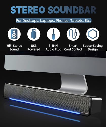 Soundbar,USB Wired SoundBar,Music Player with Bass Surround,Stereo USB Powered Mini Soundbar Speakers with 3.5mm Input for PC Tablets Laptop Desktop Projector Cellphone for Home Theater(Black)