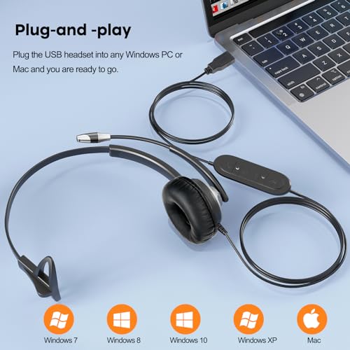 MKJ USB Headset for Computer Laptop, Noise Canceling Mic, in-line Control | PC headphones, Plug & Play, USB-A, Compatible with Zoom Teams Jabber, Call Center Office, Online Meeting, All-day Comfort