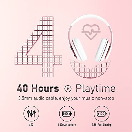 Bluetooth Headphones Over Ear, 6S Foldable Wireless Headphones with 6 EQ Modes, 40 Hours Playtime HiFi Stereo Headset with Mic, Soft Ear Pads, TF/FM for Cellphone/PC/Home (White & Rose Gold) - color: Rose Gold