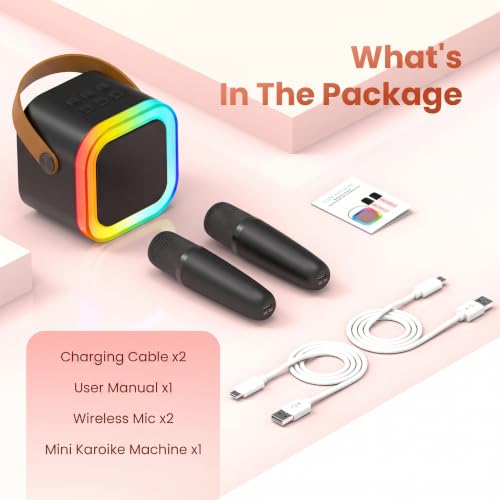 Mini Karaoke Machine, Portable Bluetooth Speaker & 2 Wireless Microphones | Karaoke Player Karaoke Microphone For Family Home Party Outdoor With HI-FI Sound | 5 Magic Sound | PA System | USB | TF | AUX - color: Black