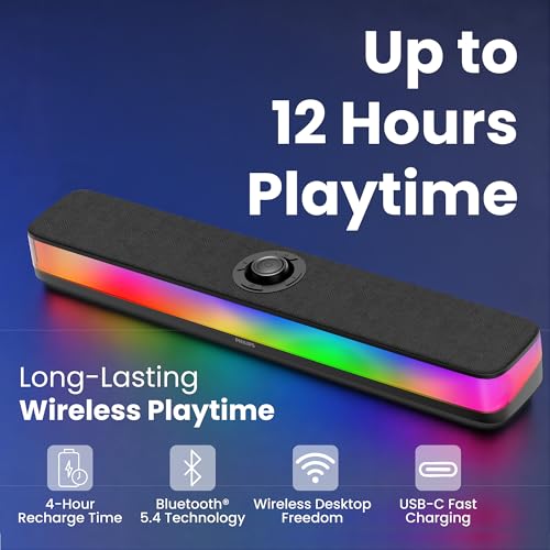 PHILIPS PC Sound Bar, Computer Speakers for Desktop, Bluetooth 5.4 Soundbar with Built-in Microphone, Clear Audio, RGB Lights with Volume Knob, USB Playback, for Laptop, Monitor, Gaming Setup