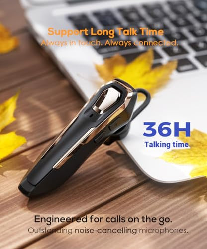 Single Ear Bluetooth Headset V5.4 36Hrs Talk Time, Bluetooth Earpiece | Noise Canceling Microphone, Hands-Free Wireless Headset for Driving/Office/Business, Crystal Clear Calls, Lightweight (Gold)