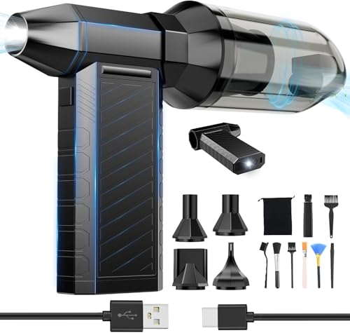 Preciva 2-in-1 Compressed Air Duster, 180,000 RPM High-Speed Turbo Electric Duster & Vacuum with 3-Second Deep Cleaning, Rechargeable Battery, 6 Attachments and LED Light for Keyboard, PC, Car, Home