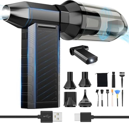 Preciva 2-in-1 Compressed Air Duster, 180,000 RPM High-Speed Turbo Electric Duster & Vacuum with 3-Second Deep Cleaning, Rechargeable Battery, 6 Attachments and LED Light for Keyboard, PC, Car, Home