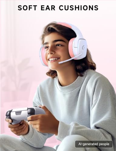 Gvyugke 2.4GHz Wireless Gaming Headsets for PS5, PS4, PC, Switch, Pink | Bluetooth 5.3 Gaming Headphones with Noise Canceling Mic, 7.1 Surround Sound, 70H Battery, Blue Lighting - color: Pink