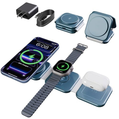 15W Magnetic Travel Charging Station, 3-in-1 Foldable MagSafe Charger | Wireless Charger for Apple Multiple Devices - iPhone Air 17 16 15 14 13 20 Pro Max, Watch & AirPods - Navy Blue - color: Navy Blue