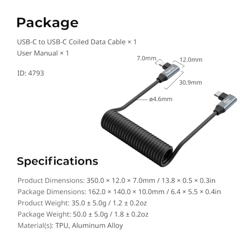 SMALLRIG USB-C to USB-C Coiled Cable (Angled to Angled) - 4793 | 90° Angled-to-Angled Design, 20Gbps High-Speed Data Transfer, Supports PD 100W Fast Charging for iPhone/Laptops/Cameras etc. - size: 1.15FT-3.28FT, style: Angled to Angled Coiled