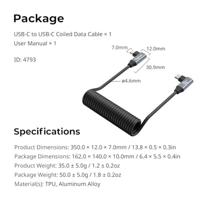 SMALLRIG USB-C to USB-C Coiled Cable (Angled to Angled) - 4793 | 90° Angled-to-Angled Design, 20Gbps High-Speed Data Transfer, Supports PD 100W Fast Charging for iPhone/Laptops/Cameras etc. - size: 1.15FT-3.28FT, style: Angled to Angled Coiled