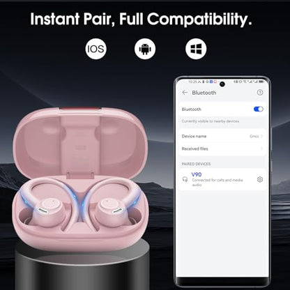 Wireless Sports Earbuds with Earhook, 48H Deep Bass/ENC Mic Ear Buds Rose | Wireless Earphone with LED Display, Bluetooth 5.3 Headphones In Ear, IPX7 Waterproof Over Ear Buds for Running/Workout - color: Rose