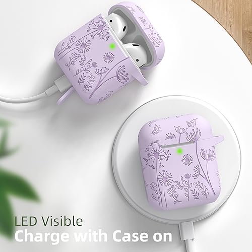 Lerobo for AirPod Case 2nd/1st Generation with Keychain | Flower Engraved Soft Silicone Shockproof Cover for AirPods 2 Case, Wireless Charging, Led Visible, One-piece Design, Lavender - color: Lavender