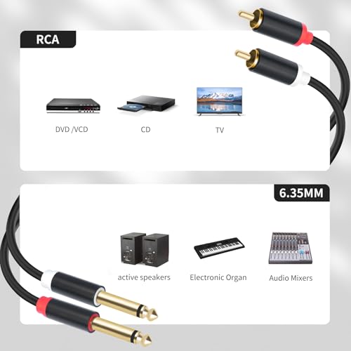 Dual 1/4 TS to Dual RCA Stereo Audio Interconnect Cable 5FT, Gold Plated Copper Shell Heavy Duty 2X6.35mm Male TS to 2 RCA Male Adapter Cable - size: 5FT