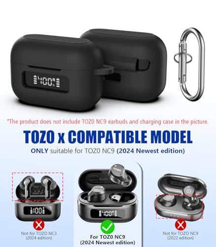 for TOZ0 NC9(2024) Case Cover, Silicone Protective Battery Display Visible Design Cover ONLY for TOZO NC9 Hybrid Active Noise Cancelling Wireless Earbuds 2024 Version with Carabiner-Black - color: Black
