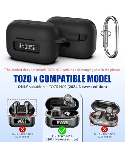 for TOZ0 NC9(2024) Case Cover, Silicone Protective Battery Display Visible Design Cover ONLY for TOZO NC9 Hybrid Active Noise Cancelling Wireless Earbuds 2024 Version with Carabiner-Black - color: Black