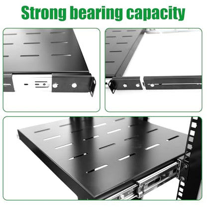 GlobalRack 1U Sliding Shelf,14-22" Adjustable, Double-Sided, Soft-Close - size: 350