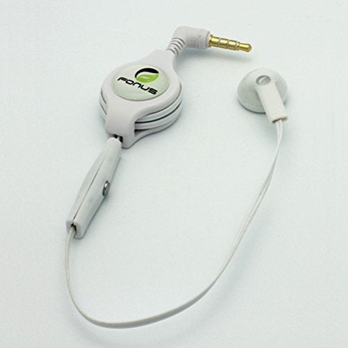Retractable Headset Mono Handsfree Earphone Mic Single Earbud Headphone Wired [3.5mm] [White] Compatible with Amazon Kindle Fire HDX 8.9 7 HD 8.9 7 6, DX, 8 10 - iPod Touch 5 4th Gen