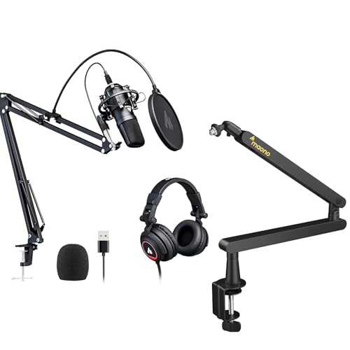 MAONO Microphone with Studio Headphone Set 192kHz/24bit Vocal Condenser Cardioid Podcast Mic Compatible with Mac and Windows, YouTube, Gaming, Live Streaming, Voice-Over (AU-A04H)