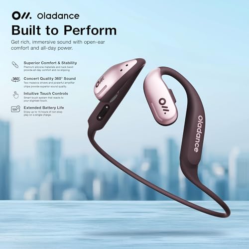 Oladance OWS Sports True Wireless Open-Ear Headphones, IPX8, 15H Playtime | Multi-Point Connectivity, Bluetooth 5.3, Durable Neckband, Virtual Bass 2.0, Liquid Silicone, Amplifier Chip - color: Pink