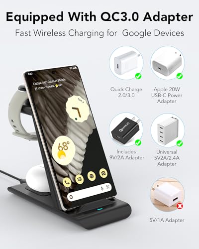 Upgraded 3 in 1 Wireless Charger for Google Pixel Watch 3/2, for Pixel 10 9/Pro/Pro XL/Fold,Buds Pro 2/Pro,Fitbit Versa 4/3,Wireless Charging Station for Multiple Devices (Not for Google Watch 4/1)