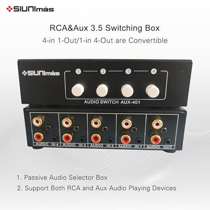 4-in 1-Out RCA and 3.5mm Aux Audio Receiver Switching Box 4 Channels Audio Converter Passive Audio Selector Switch Box 1-in 4-Out (S401-RCA AUX)