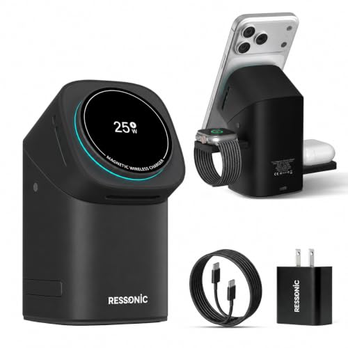 25W 3 in 1 Wireless Charging Station for Apple&Samsung, Desk Night Stand | Includes 45W Adapter, Wireless Charger for MagSafe iPhone 17/16/15/14/13/12, Galaxy S25/S24/S23/S22, AirPods & Watch - color: Black