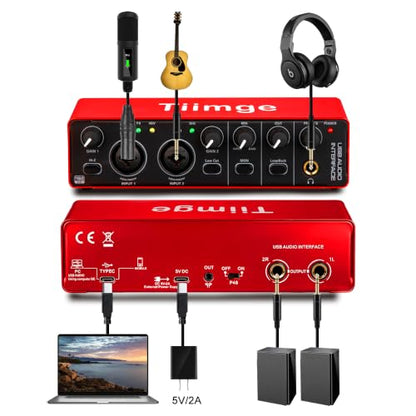 2x2 USB Audio Interface for PC, with 48V Phantom Power, 24Bit/192kHz High-Fidelity, Mic Preamplifier XLR/TSR/TS Ports, Compatible for Guitarist, Vocalist, Podcaster or Producer