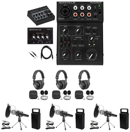 Rockville RockMix 5 Podcast Mixer Bundle with LINE8 USB Mixer, 3 Mics | USB, Bluetooth, Echo, RCTR106B Cable, EQ, RHPA4 Headphone Amp, 3 Headphones, 3 Stands, 3 Mics, 14-Items