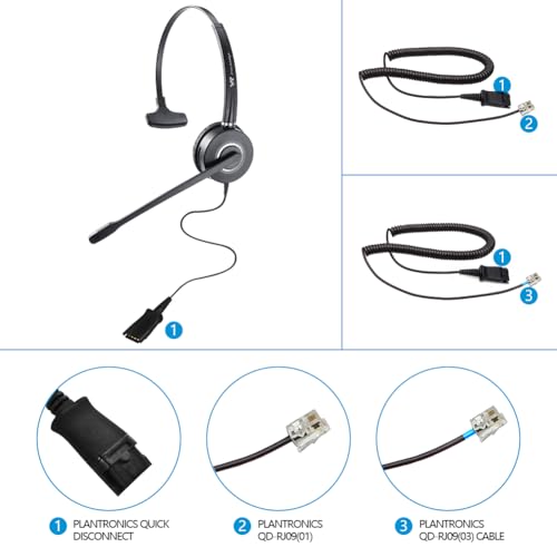 Telephone-Headset with Noise-Cancelling Microphone – Call Center Quick Disconnect (QD) Headset with RJ09 Cables, compatible with Yealink, Grandstream, Polycom, Snom, Fanvil, and Mitel Phones (Mono) - size: Mono