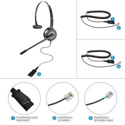 Telephone-Headset with Noise-Cancelling Microphone – Call Center Quick Disconnect (QD) Headset with RJ09 Cables, compatible with Yealink, Grandstream, Polycom, Snom, Fanvil, and Mitel Phones (Mono) - size: Mono