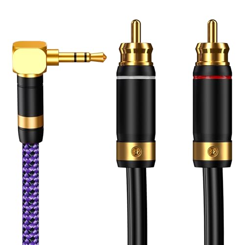 3.5mm Aux to RCA Audio Cable Audiophile 24K Gold-Plated Pure Copper Shell Braided Hi Fi Stereo Y Cord for Smartphones MP3 Tablets Speakers HDTV Purple (3.5mm Bend to 2 RCA, 16.4FT/5m) - size: 16.4 ft, style: 3.5mm Bend to 2 RCA