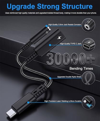 USB C to 3.5mm Audio and Charger Adapter, 2in1 USB C to Aux Headphone Jack Splitter and Type C PD 60W Fast Charging Dongle Cable for iPhone 17 16 15 Pro Max Plus, Galaxy S25 S24 S23 Ultra More USBC