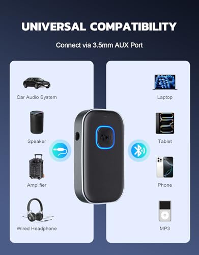 COMSOON Bluetooth Receiver for Car, 3.5mm AUX Bluetooth Car Adapter | Noise Cancelling, Wireless Audio Receiver for Home Stereo/Wired Headphones, Hands-Free Call, 16H Battery Life, Dark Gray - color: Dark Gray